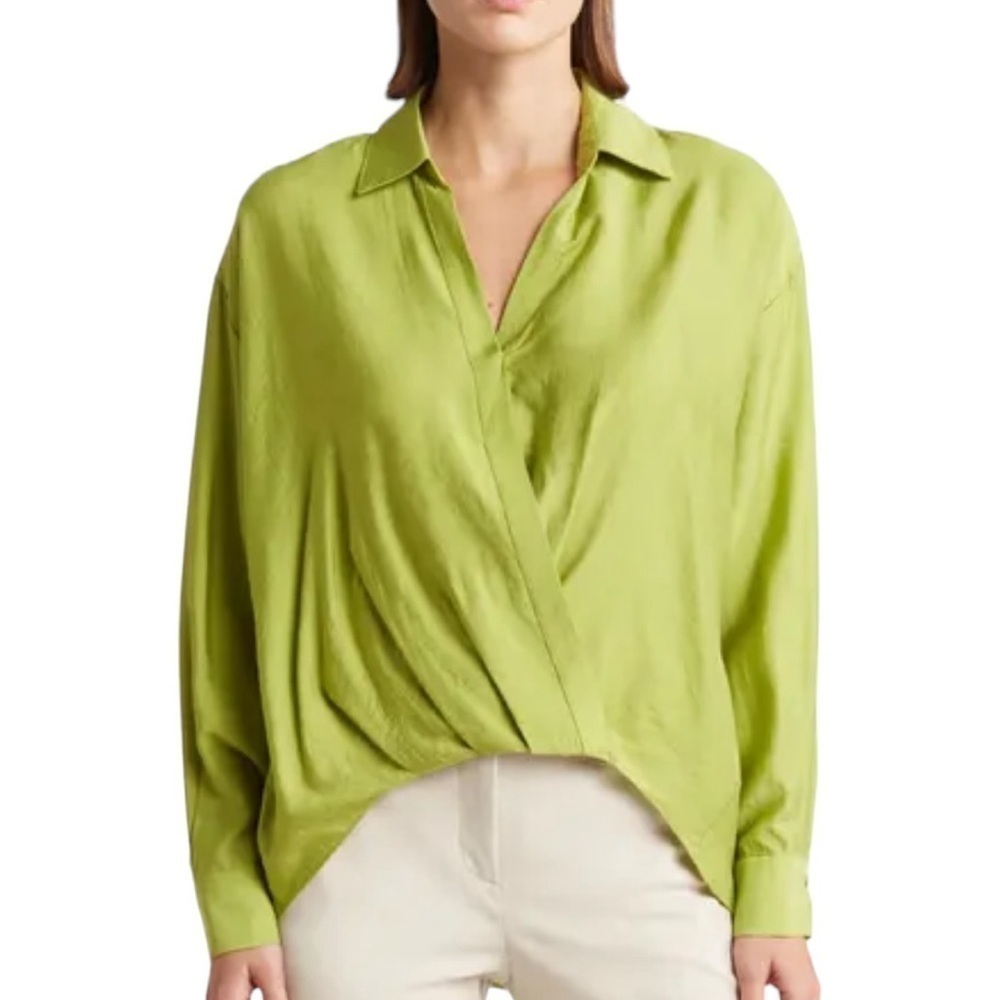 RACHEL ZOE Faux Wrap Hi-Lo Blouse in Chartreuse SZ M - Picture 2 of 4